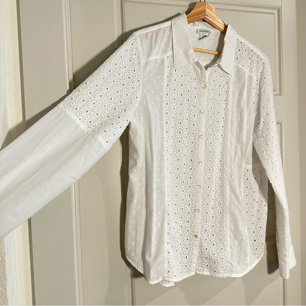 Sundance White Cotton Eyelit Long Sleeve Top Size Large - Picture 3 of 8